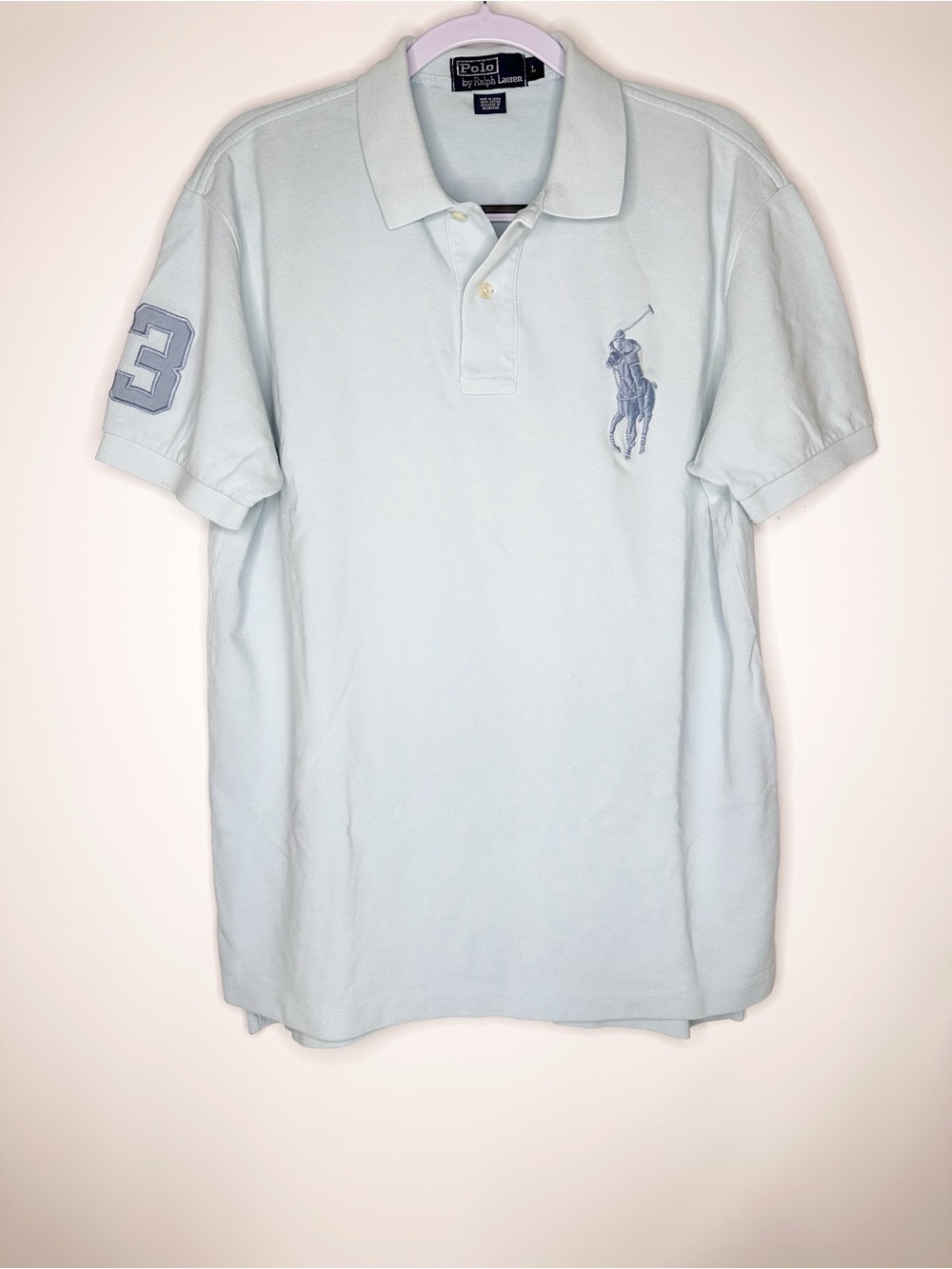 Ralph Lauren Men's Polo Shirt in Pale Blue with Embroidered Big Pony Size large